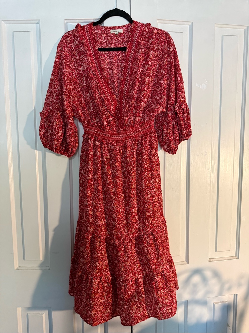 Max Studio Red Floral V-Neck Tiered Midi Dress